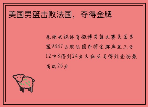 美国男篮击败法国,夺得金牌